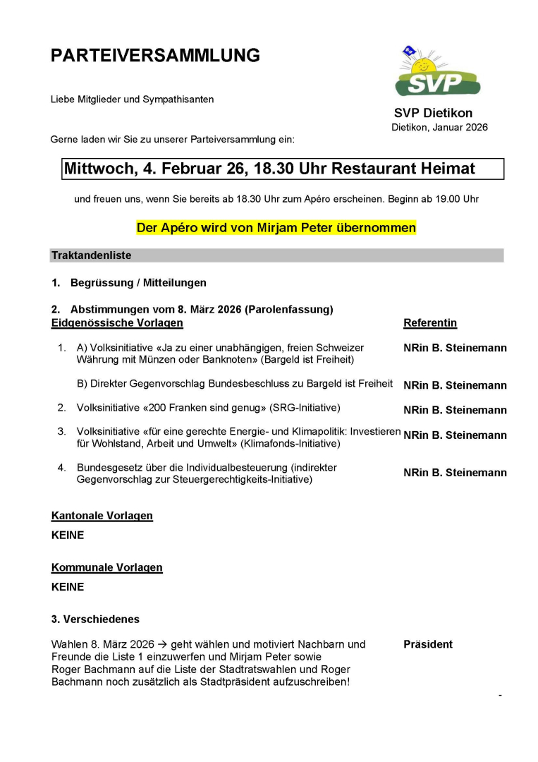 Parteiversammlung SVP Dietikon im Restaurant Heimat